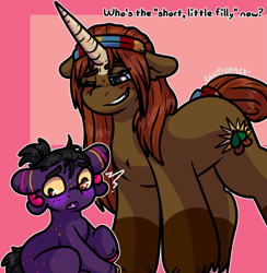 Size: 1831x1873 | Tagged: safe, artist:sexygoatgod, derpibooru import, oc, oc only, oc:little bud, original species, pony, unicorn, age regression, commission, cusige, duo, female, horn, size difference, teasing, ych result, younger