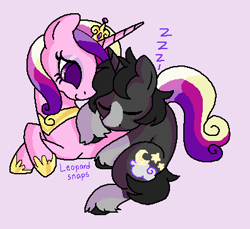 Size: 397x364 | Tagged: safe, artist:leopardsnaps, derpibooru import, princess cadance, oc, oc:crystal nightshine, alicorn, unicorn, g4, blaze (coat marking), canon x oc, coat markings, crown, cuddling, duo, eyeshadow, facial markings, female, horn, jewelry, makeup, male, ms paint, onomatopoeia, purple background, regalia, shipping, simple background, sleeping, socks (coat marking), sound effects, straight, unicorn oc, unshorn fetlocks, zzz