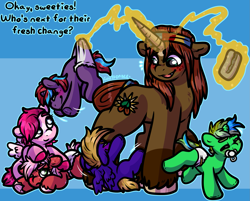 Size: 1851x1489 | Tagged: safe, artist:sexygoatgod, derpibooru import, oc, oc only, oc:charming dazz, oc:little bud, pegasus, pony, unicorn, age regression, baby, baby pony, colt, commission, female, filly, foal, horn, male, mare, ych result, younger