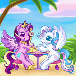 Size: 3000x3000 | Tagged: safe, artist:leopardsnaps, derpibooru import, princess cadance, star catcher, alicorn, pegasus, pony, g3, g4, alternate cutie mark, beach, bush, cloud, colored wings, crown, female, g4 to g3, generation leap, gradient wings, high res, jewelry, looking at each other, looking at someone, mare, ocean, palm tree, regalia, sitting, stool, table, talking, tree, water, wings