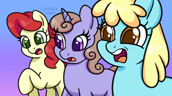 Size: 1800x1008 | Tagged: safe, artist:leopardsnaps, derpibooru import, bunny moon, earth pony, pony, unicorn, female, gradient background, horn, lilac custard, looking at something, mare, missing cutie mark, open mouth, raised hoof, raised leg, scarlet glory, scene interpretation, shocked, trio, trio female