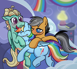 Size: 3000x2700 | Tagged: safe, artist:leopardsnaps, derpibooru import, quibble pants, rainbow dash, zephyr breeze, earth pony, pegasus, pony, g4, bed, bisexual, bisexual male, blushing, butt, cuddle puddle, cuddling, eyes closed, female, happy, hug, hug from behind, male, one eye closed, plot, polyamory, pony pile, rainbow, rainbow dash's bedroom, rainbutt dash, ship:quibbledash, ship:zephdash, shipping, smiling, straight, trio, underhoof, unshorn fetlocks