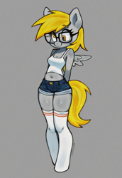 Size: 1409x2048 | Tagged: safe, artist:gatoasti, derpibooru import, derpy hooves, anthro, pegasus, unguligrade anthro, g4, adorasexy, arm behind back, belly, belly button, blushing, breasts, cleavage, clothes, cute, denim, denim shorts, derpabetes, eyebrows, female, glasses, gray background, hands behind back, mare, midriff, reasonably sized breasts, rectangular pupil, sexy, shirt, shorts, signature, simple background, smiling, socks, solo, spread wings, stockings, tanktop, thigh highs, wide hips, wings