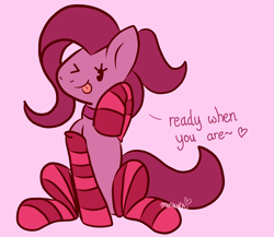 Size: 3220x2800 | Tagged: safe, artist:municorn, derpibooru import, oc, oc only, oc:cherri, earth pony, clothes, female, looking at you, mare, one eye closed, pink background, simple background, socks, solo, stockings, striped socks, thigh highs, tongue, tongue out, wink