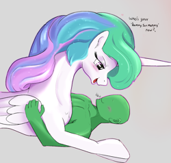 Size: 1085x1035 | Tagged: safe, artist:enonnnymous, derpibooru import, princess celestia, oc, oc:anon, alicorn, human, g4, blushing, concave belly, dialogue, duo, duo male and female, female, gray background, lying down, male, mare, shipping, simple background, slender, sternocleidomastoid, thin