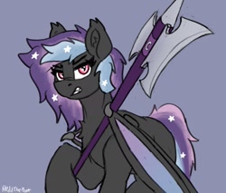 Size: 1423x1211 | Tagged: safe, artist:reddthebat, derpibooru import, oc, oc only, oc:stellar wind, bat pony, pony, axe, bat pony oc, blue background, female, furrowed brow, halberd, hoof hold, mare, simple background, solo, weapon