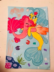 Size: 3024x4032 | Tagged: safe, artist:sfunicorn, derpibooru import, pinkie pie, princess skystar, earth pony, fish, jellyfish, seapony (g4), g4, my little pony: the movie, bioluminescent, blue eyes, blue mane, blue tail, blushing, bubble, coral, cute, dorsal fin, duo, duo female, eyes closed, female, fin, fin wings, fins, fish tail, flower, flower in hair, flowing mane, flowing tail, hug, lesbian, looking at each other, looking at someone, mare, ocean, pink mane, pink tail, scales, seaponified, seapony pinkie pie, seashell, seaweed, shelldon, shelly, shipping, skypie, smiling, smiling at each other, species swap, swimming, tail, traditional art, underwater, water, wings