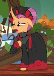 Size: 514x720 | Tagged: safe, derpibooru import, edit, edited screencap, screencap, sable spirit, pony, unicorn, campfire tales, g4, clothes, cropped, ears, empress sable spirit, female, floppy ears, hoof on chest, horn, mare, open mouth, solo, young sable spirit