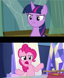 Size: 506x609 | Tagged: safe, artist:batman714, derpibooru import, edit, edited screencap, screencap, pinkie pie, twilight sparkle, twilight sparkle (alicorn), alicorn, earth pony, pony, g4, sparkle's seven, discovery family, discovery family logo, duo, duo female, female, glare, logo, mare, shrug, twilight's castle