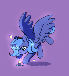 Size: 2459x2711 | Tagged: safe, artist:brella, derpibooru import, princess luna, alicorn, g4, female, filly, flower, foal, simple background, solo, woona, younger