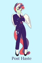 Size: 4000x6000 | Tagged: safe, artist:mscolorsplash, derpibooru import, oc, oc:post haste, anthro, pegasus, clothes, commissioner:dhs, confident, dreamcatcher, female, freckles, goggles, high heels, long tail, military uniform, name, necktie, shoes, simple background, solo, tail, text, uniform