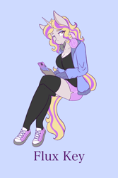 Size: 4000x6000 | Tagged: safe, artist:mscolorsplash, derpibooru import, oc, oc:flux key, anthro, unicorn, breasts, cleavage, clothes, commissioner:dhs, converse, eyeshadow, female, headphones, hoodie, horn, kneesocks, lipstick, looking at you, makeup, name, phone, shoes, shorts, simple background, socks, solo, text, zipper