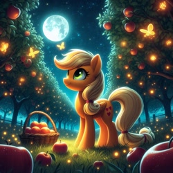 Size: 1024x1024 | Tagged: safe, ai content, derpibooru import, generator:bing image creator, generator:dall-e 3, machine learning generated, applejack, butterfly, pegasus, pony, g4, apple, apple tree, basket, eyelashes, female, food, grass, hatless, mare, missing accessory, moon, night, outdoors, prompter:nightofcore, race swap, solo, standing, stars, tree, white sclera, wings, wrong cutie mark