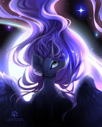 Size: 2000x2500 | Tagged: safe, artist:livitoza, derpibooru import, princess luna, alicorn, pony, g4, bust, female, flowing mane, full moon, high res, looking up, mare, moon, night, raised hoof, raised leg, solo, spread wings, wings