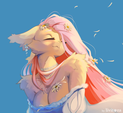 Size: 2000x1842 | Tagged: safe, artist:livitoza, derpibooru import, fluttershy, anthro, g4, :3, breasts, bust, choker, cleavage, clothes, daisy (flower), dress, ear piercing, earring, ears, eyes closed, female, floppy ears, flower, flower in hair, hootershy, jewelry, piercing, shoulder fluff, shoulderless, simple background, smiling, solo, sundress