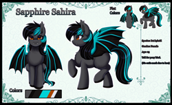 Size: 4152x2529 | Tagged: safe, artist:pridark, derpibooru import, oc, oc only, oc:sapphire sahira, hybrid, pegabat, pony, bat wings, fangs, female, mare, reference sheet, solo, wings