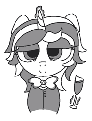 Size: 508x669 | Tagged: safe, artist:castafae, derpibooru import, oc, oc only, oc:fine wine, pony, unicorn, bowtie, bust, button-up shirt, clothes, female, glass, horn, lidded eyes, looking at you, mare, monochrome, shirt, simple background, solo, white background, wine glass