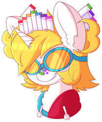 Size: 1584x1896 | Tagged: safe, artist:pasteldraws, derpibooru import, oc, oc only, pony, commission, goggles, horn, marker crown, markers, paint, paint splatter, rainbow, simple background, smiling, smirk, solo, traditional art, transparent background