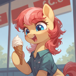 Size: 2880x2880 | Tagged: safe, ai content, derpibooru import, machine learning generated, oc, oc only, earth pony, pony, blurry background, clothes, food, generator:tponynai3, half body, happy, hoof hold, ice cream, ice cream cone, indoors, open mouth, open smile, prompt in description, prompter:derp621, shirt, smiling, solo, window