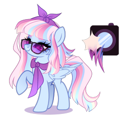 Size: 1972x1860 | Tagged: safe, artist:just-silvushka, derpibooru import, oc, oc only, pegasus, pony, g4, adoptable, bangs, blue coat, blue eyeshadow, bow, clothes, cutie mark, eyelashes, eyeshadow, female, folded wings, glasses, hair bow, headband, lidded eyes, long eyelashes, long mane, long tail, magical lesbian spawn, makeup, mare, mare oc, multicolored hair, multicolored mane, multicolored tail, neckerchief, next generation, offspring, parent:photo finish, parent:rainbow dash, pegasus oc, purple bow, purple eyes, rainbow hair, rainbow tail, raised hoof, raised leg, reference sheet, scarf, shadow, shiny eyes, solo, standing, sunglasses, tail, unnamed oc, white sclera, wing fluff, wings