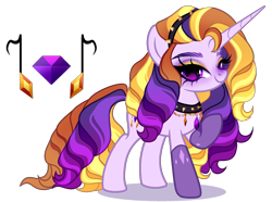 Size: 2154x1602 | Tagged: safe, artist:just-silvushka, derpibooru import, oc, oc only, hybrid, pony, unicorn, adoptable, choker, clothes, collar, colored eyebrows, curly hair, curly mane, curly tail, diamond, eyelashes, eyeshadow, female, gloves, gold eyeshadow, hairband, half-siren, headband, horn, hybrid oc, interspecies offspring, lidded eyes, long eyelashes, long horn, long mane, long tail, magical lesbian spawn, makeup, mare, multicolored mane, multicolored tail, next generation, offspring, parent:adagio dazzle, parent:rarity, parents:adagity, purple coat, purple eyes, purple fur, ringlets, shadow, shiny eyes, solo, sparkly eyeshadow, spiked choker, spiked headband, standing, striped mane, striped tail, tail, unicorn horn, unicorn oc, unnamed oc, wingding eyes, yellow eyeshadow