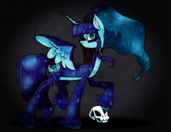 Size: 3290x2536 | Tagged: safe, alternate version, artist:maniczombiedreamgirl, derpibooru import, oc, oc only, oc:daylights end, alicorn, 2024, 3d cutie mark, artfight, bald face, bipedal, blaze (coat marking), blue coat, blue eyes, blue mane, choker, coat markings, colored pinnae, countershading, ear fluff, ears, facial markings, female, flowing hair, flowing mane, flowing tail, looking at you, moon, simple background, skull, slit eyes, solo, spread wings, standing, stars, stepping on something, tail, unshorn fetlocks, watermark, wings