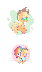 Size: 1653x2780 | Tagged: safe, artist:zss331, derpibooru import, applejack, rainbow dash, earth pony, pony, g4, appledash, applejack's hat, blushing, bracelet, clothes, colored, colored pinnae, cowboy hat, cute, duo, duo female, eyebrows, eyebrows visible through hair, eyelashes, female, flat colors, freckles, hat, hug, hugging a pony, jackabetes, jewelry, lesbian, lidded eyes, looking at someone, lying down, no pupils, open mouth, open smile, passepartout, ponyloaf, ponytail, prone, shipping, simple background, smiling, stetson, sweat, sweatdrop, tail, text, tied mane, tied tail, white background