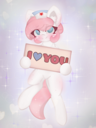 Size: 4096x5461 | Tagged: safe, artist:sodapop sprays, derpibooru import, nurse redheart, earth pony, pony, g4, abstract background, blushing, colored pinnae, cute, ear fluff, ears, eye clipping through hair, eyebrows, eyebrows visible through hair, eyelashes, female, freckles, hair bun, hat, heartabetes, holding sign, hoof hold, i love you, in air, leg blush, looking at you, mare, no pupils, nurse hat, positive message, positive ponies, sign, solo, sparkly mane, sparkly tail, tail, tied mane