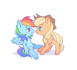 Size: 1127x1018 | Tagged: safe, artist:zss331, derpibooru import, applejack, rainbow dash, earth pony, pegasus, g4, appledash, applejack's hat, blue hooves, blush lines, blushing, chibi, clothes, colored eartips, colored hooves, cowboy hat, duo, duo female, eyebrows, eyebrows visible through hair, female, freckles, hat, hooves, lesbian, lidded eyes, looking at each other, looking at someone, narrowed eyes, orange hooves, ponytail, profile, shadow, shipping, simple background, sitting, smiling, smiling at each other, spread wings, standing, stetson, tail, tied mane, tied tail, wavy mouth, white background, wings