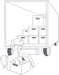 Size: 834x1071 | Tagged: safe, artist:nauyaco, derpibooru import, oc, oc only, pony, unicorn, box, female, horn, mare, monochrome, simple background, solo, truck, white background