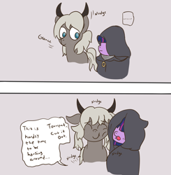 Size: 1600x1630 | Tagged: safe, artist:wanda, derpibooru import, twilight sparkle, pony, g4, dialogue, duo, elden ring, freckles, horns, nuzzling, ponified, species swap, speech bubble, text, torrent (elden ring)