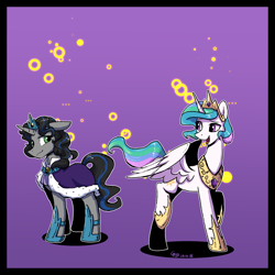 Size: 2000x2000 | Tagged: safe, artist:brella, derpibooru import, king sombra, prince solaris, princess celestia, queen umbra, alicorn, unicorn, g4, 2018, bipedal, cape, clothes, crown, duo, duo male and female, ears, female, floppy ears, good king sombra, good queen umbra, gradient background, head turn, hoof shoes, horn, jewelry, looking at each other, looking at someone, male, mare, open mouth, open smile, partially open wings, peytral, princess shoes, purple background, raised hoof, raised leg, regalia, rule 63, ship:celestibra, shipping, short mane, simple background, smiling, stallion, straight, tall, tiara, wings