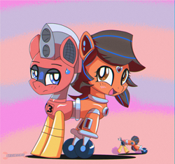 Size: 1600x1500 | Tagged: safe, artist:trackheadtherobopony, derpibooru import, oc, oc only, oc:robertapuddin, oc:trackhead, original species, pony, robot, robot pony, annoyed, blushing, fused, roboticization, wheelpone