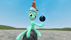 Size: 1920x1080 | Tagged: safe, artist:ports2005, derpibooru import, lyra heartstrings, pony, unicorn, g4, 3d, ball, combine, female, flatgrass, gmod, half-life, happy, horn, hoverball, looking at you, solo, traffic cone