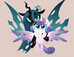 Size: 1024x800 | Tagged: safe, ai content, derpibooru import, generator:pony diffusion v6 xl, generator:stable diffusion, machine learning generated, princess flurry heart, queen chrysalis, alicorn, changeling, changeling queen, pony, g4, anonymous prompter, duo, duo female, female, flying, hug, looking at you, minimalist, simple background, smiling