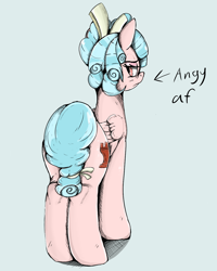 Size: 1042x1301 | Tagged: safe, artist:itzsirrice, derpibooru import, cozy glow, pegasus, pony, g4, covering, female, looking back, mare, older, older cozy glow, solo, tail, tail covering, text, unamused