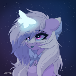 Size: 2000x2000 | Tagged: safe, artist:skyboundsiren, derpibooru import, oc, oc only, oc:siren andromeda, alien, alien pony, butterfly, pegasus, bow, ears back, female, glowing, glowing eyes, glowing freckles, hair bow, looking at something, night, night sky, simple background, sky, smiling, stars