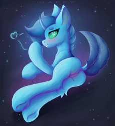 Size: 3200x3500 | Tagged: safe, artist:gaffy, derpibooru import, oc, oc only, changeling, blushing, butt, butt focus, changeling oc, commission, dock, featureless crotch, female, heart, horn, lying down, mare, misleading thumbnail, on side, plot, solo, tail, underhoof