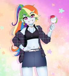 Size: 2000x2200 | Tagged: safe, artist:screebs, derpibooru import, rainbow dash, human, equestria girls, g4, adorasexy, belly, belly button, belly piercing, belt, blushing, bra, bracelet, clothes, colored eyebrows, cute, cutie mark accessory, cutie mark earrings, cutie mark tattoo, dashabetes, denim, denim skirt, ear piercing, earring, eye clipping through hair, eyebrows, eyebrows visible through hair, female, food, gradient background, hand on hip, high res, jacket, jewelry, looking at you, midriff, necklace, piercing, plaid jacket, ponytail, popsicle, sexy, shadow, skirt, smiling, smiling at you, solo, sports bra, stars, summer, tattoo, underwear, unmoving plaid, white pupils