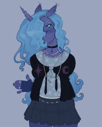 Size: 950x1184 | Tagged: safe, artist:onionpwder, derpibooru import, princess luna, alicorn, anthro, g4, arm behind back, blouse, blue background, blue eyelashes, blush lines, blushing, cardigan, choker, clothes, colored eyelashes, cross, cross necklace, cute, ear piercing, earring, ears, eyebrow piercing, fingerless gloves, floppy ears, gloves, gothic, hair over one eye, horn, jewelry, looking back, lunabetes, miniskirt, necklace, piercing, pleated skirt, raised hand, requested art, ring, s1 luna, simple background, skirt, smiling, solo, unicorn horn, wavy mane, whimsigothic, wingless, wingless alicorn