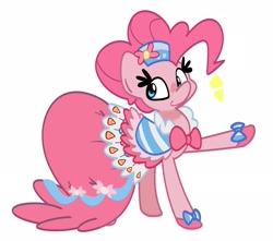 Size: 2461x2176 | Tagged: safe, artist:kindakismet, derpibooru import, pinkie pie, earth pony, pony, g4, season 1, suited for success, clothes, colored, curly hair, curly mane, cute, diapinkes, dress, emanata, eyelashes, female, flat colors, frilly, frilly dress, gala dress, gown, hat, hoof shoes, looking back, mare, pink dress, pinkie pie's first gala dress, raised hoof, raised leg, scene interpretation, simple background, smiling, solo, standing, white background