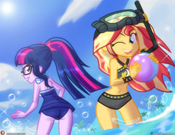 Size: 1942x1500 | Tagged: safe, artist:dieart77, derpibooru import, sci-twi, sunset shimmer, twilight sparkle, human, equestria girls, g4, bangs, bare shoulders, beach ball, belly, belly button, bikini, bikini bottom, bikini top, bubble, clothes, cloud, cutie mark on clothes, dive mask, duo, duo female, female, goggles, ocean, open mouth, open smile, palm tree, patreon, patreon logo, ponytail, sci-twi swimsuit, sky, sleeveless, smiling, sparkles, sun, sunlight, sunset shimmer swimsuit, swimsuit, tree, water