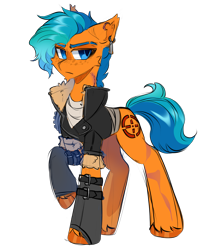 Size: 3977x4553 | Tagged: safe, artist:star-theft, derpibooru import, oc, oc only, earth pony, pony, fallout equestria, blue eyes, blue mane, blue pupils, blue tail, cheek fluff, chin fluff, clothes, colored eyebrows, colored hooves, colored pinnae, colored pupils, colored sketch, concave belly, ear piercing, ear tufts, earring, earth pony oc, eyebrow slit, eyebrows, freckles, frown, fur jacket, hoofless socks, hooves, jacket, jewelry, leather, leather jacket, leg scar, long legs, male, mercenary, narrowed eyes, neck scar, oc redesign, orange coat, orange hooves, piercing, popped collar, shiny eyes, shiny hooves, shiny mane, shiny tail, simple background, sketch, slender, socks, solo, stallion, standing, straps, tail, thin, transparent background, two toned mane, two toned tail, unnamed oc, unshorn fetlocks