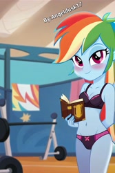 Size: 2735x4096 | Tagged: safe, ai content, derpibooru import, machine learning generated, rainbow dash, human, equestria girls, g4, belly, belly button, black panties, black underwear, blushing, book, bow, bra, breasts, cameltoe, cleavage, clothes, gym, legs together, looking at you, panties, photoshop, prompter:angeldusk17, smiling, smiling at you, solo, underwear