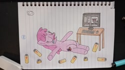 Size: 1600x900 | Tagged: safe, artist:anonymous, derpibooru import, berry punch, berryshine, oc, oc:zippers, earth pony, pony, g4, /bale/, /mlp/ con, belly, can, colored, computer desk, computer mouse, cytube, desk, drained, drool, drunk, earth pony oc, exhausted, eyes closed, female, keyboard, lined paper, lying down, mare, monitor, newbie artist training grounds, on back, passed out, sleeping, spread arms, t, traditional art