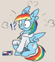 Size: 2180x2440 | Tagged: safe, artist:t72b, derpibooru import, rainbow dash, pegasus, pony, g4, clothes, drink, energy drink, exclamation point, extra wings, female, hoodie, interrobang, mare, question mark, raised hoof, raised leg, red bull, red bull gives you wings, shocked, shocked expression, simple background, sitting, solo, wide eyes, wing ears, wings