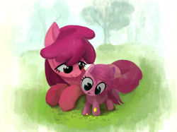 Size: 2732x2048 | Tagged: safe, artist:mandumustbasukanemen, derpibooru import, berry punch, berryshine, piña colada, earth pony, pony, g4, /bale/, atg 2024, colored, comfy, cute, duo, duo female, female, filly, flower, foal, grass, happy, mare, newbie artist training grounds, on grass, outdoors, siblings, sisters, smiling