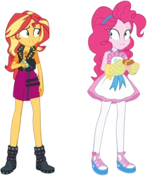 Size: 2105x2520 | Tagged: safe, derpibooru import, edit, edited screencap, editor:homersimpson1983, editor:mrtoonlover83, screencap, pinkie pie, sunset shimmer, human, equestria girls, g4, apron, background removed, clothes, duo, duo female, female, not a vector, oven mitts, simple background, transparent background