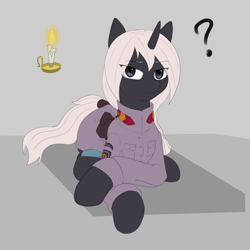 Size: 2500x2500 | Tagged: source needed, safe, artist:unchivalrous, derpibooru import, oc, oc only, oc:psalm, pony, unicorn, equestria at war mod, fallout equestria, fallout equestria: project horizons, black coat, clothes, eyelashes, fanfic art, female, horn, mare, military uniform, question mark, solo, unicorn oc, uniform, white hair, white sclera