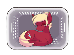 Size: 2876x2144 | Tagged: artist needed, safe, derpibooru import, oc, oc only, oc:cherry soda(the_laundry), earth pony, pony, behaving like a cat, eyes closed, laundry basket, lying down, ponyloaf, prone, red coat, simple background, smiling, solo, transparent background